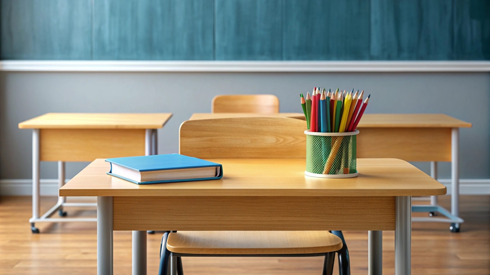 empty-classroom-desk-with-book-pencils-chair