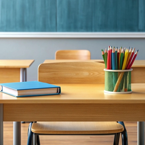empty-classroom-desk-with-book-pencils-chair